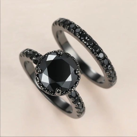 New 2pc Set  Black Gold Plated Zircon Ring - Picture 2 of 6